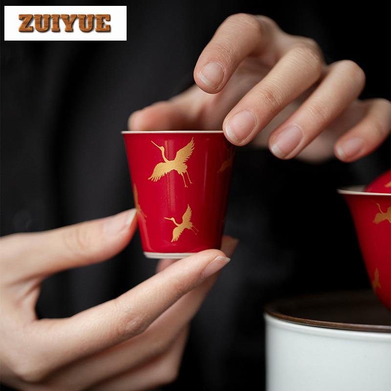 2pc/lot Ruby Red Gilded Crane Ceramic Teacup Ancient Tea Bowl Jug Tea-tasting Personal Cup Chazhan Master Cups Tea Services 40ml