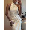 Glossy satin metal decorative neck, waist pleated, tight, hip-wrapped and split-ended long dress