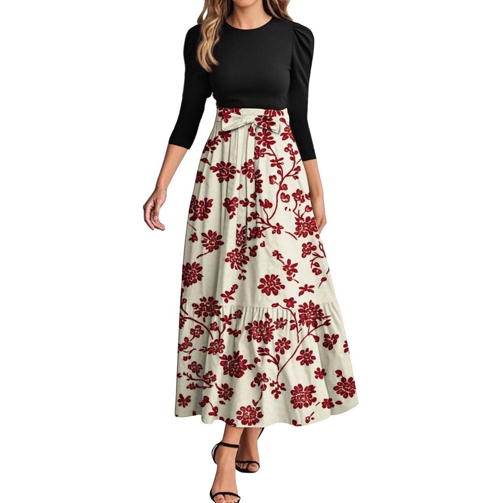 Женское модное повседневное платье с поясом и круглым вырезом, цветочной вышивкой, элегантное, темпераментное, с рукавами три четверти