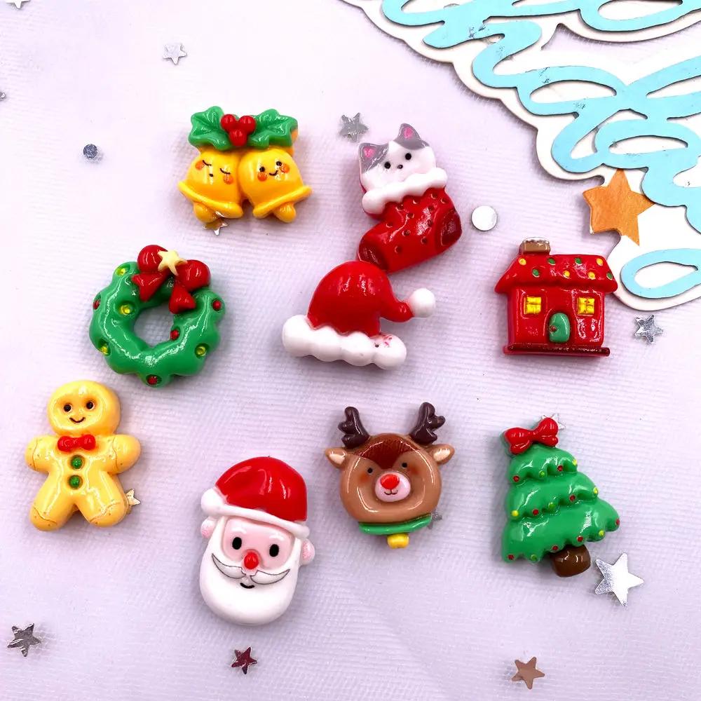 10PCS Resin Colorful Christmas tree Deer Biscuit Man Cat Gift Box Flatback Stone Cartoon Christmas Figurines Scrapbook DIY Decor