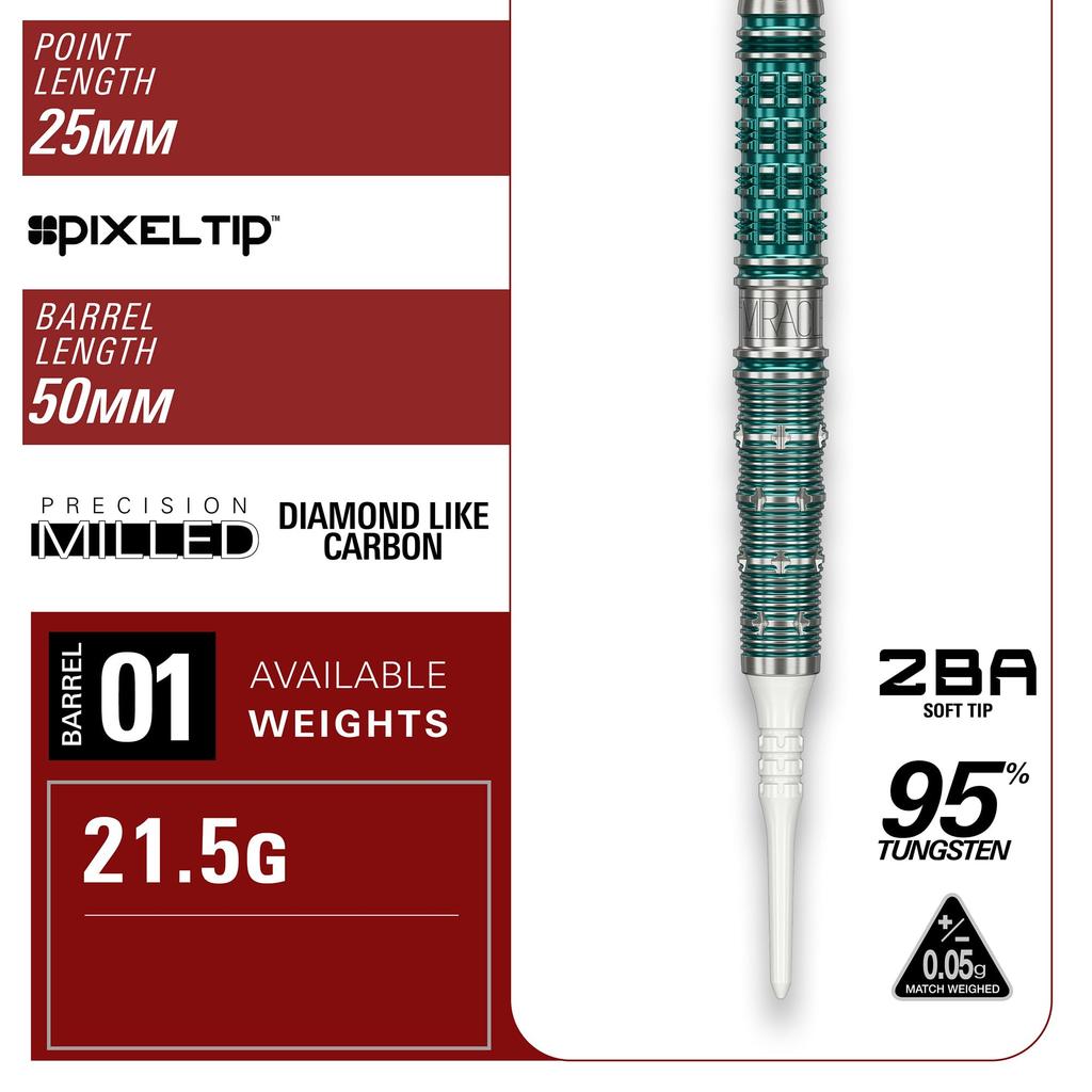 Target Japan THE MIRACLE GEN7 Suzuki Mirai Tungsten 2BA Soft Tip Darts 6 Shape Flights and 2BA SOFT TIP DARTS Miracle 95% K-Flex Set, 21.5g, K-Flex
