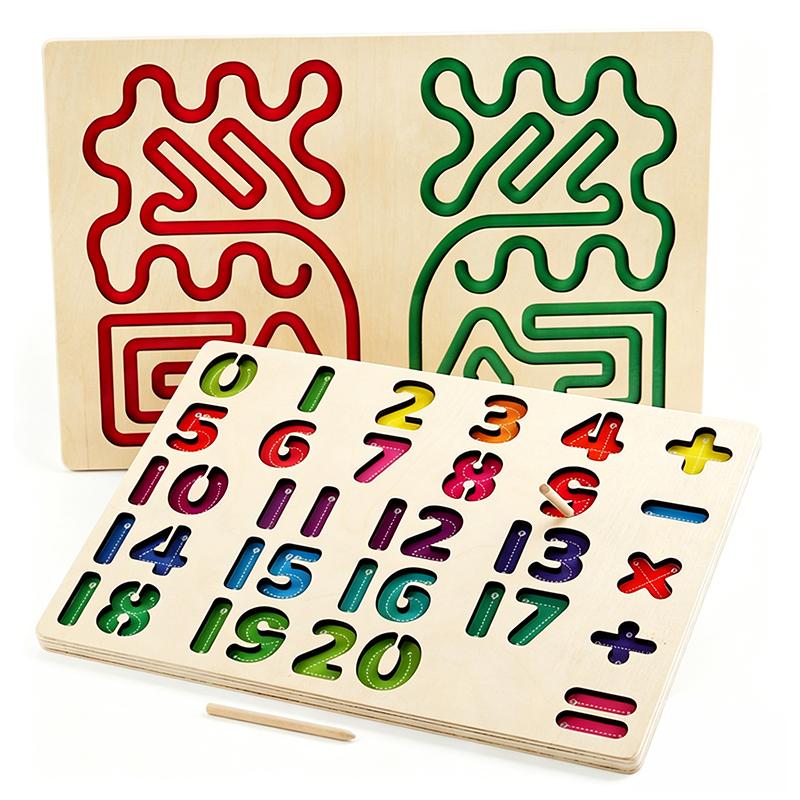 Fine Motor Training Sensory Toys Wooden Double Sided Alphabet Number Shape Maze Trace Board Pen Control Practice Game
