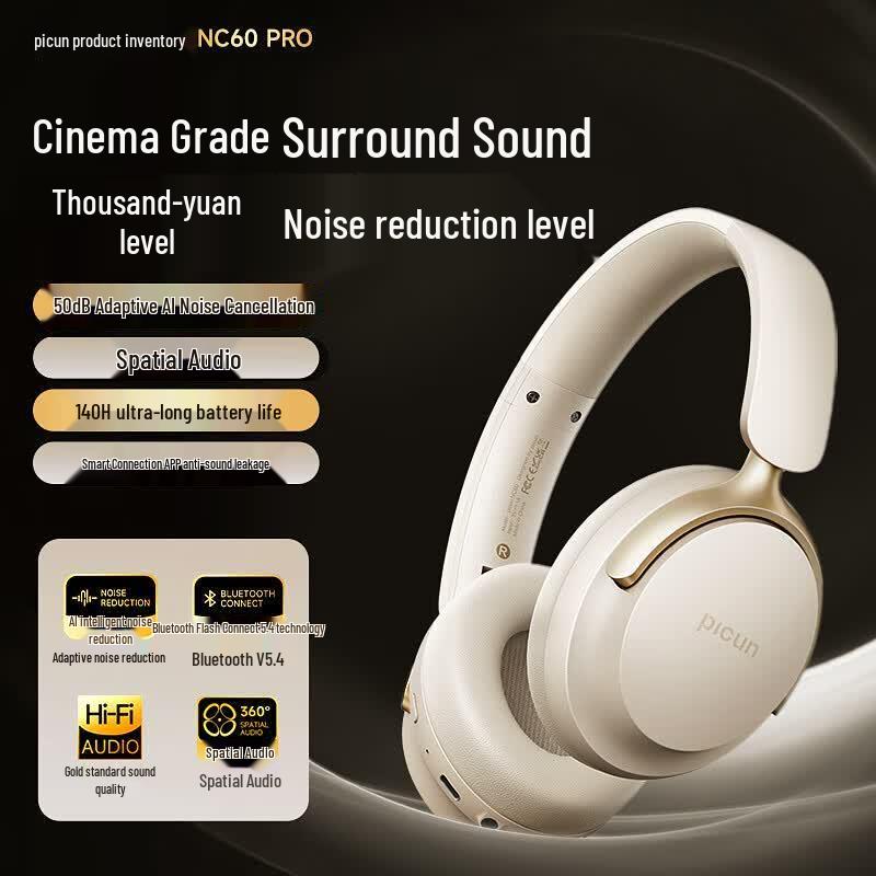 Picun NC60 Pro AI Noise Cancelling Spatial Audio Wireless Over-Ear Headphones