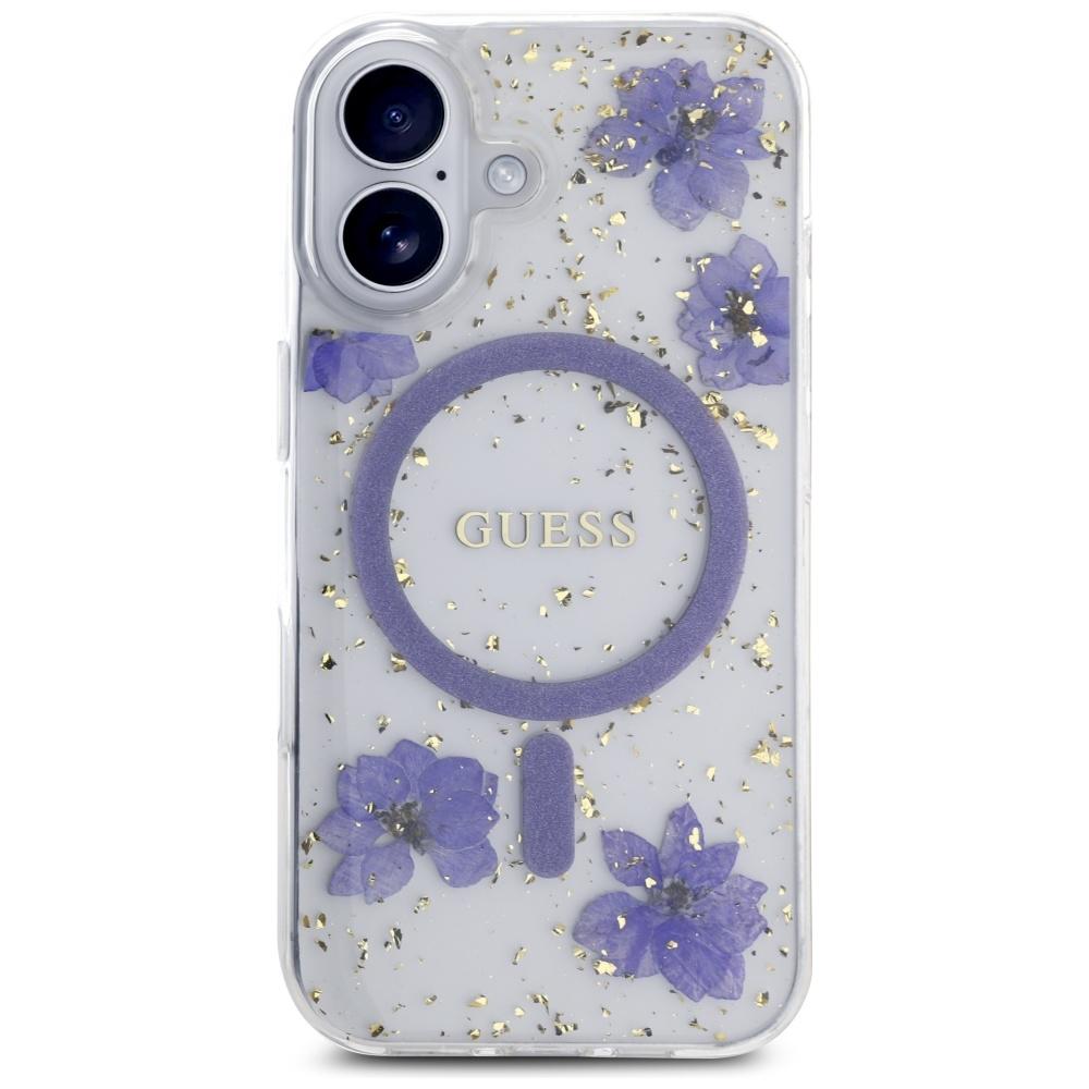 Etui do iPhone 16 Guess MagSafe Glitter Kwiaty Fioletowe