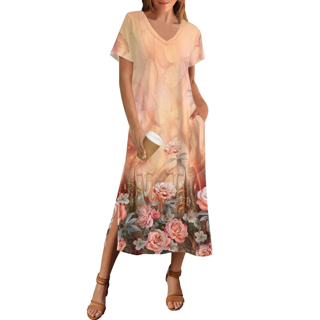 Women's Summer Floral Print Dress Short Sleeve Beach Dress With Pocket Casual V-neck Hem Side Slit Dress