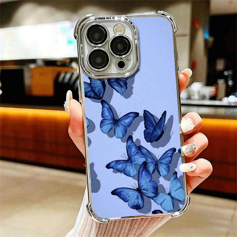 Blue Butterfly Aesthetics Plating Phone Case For Iphone 16 17 Pro Max Air 16E 14 15 Plus 12 13 Mini Anti-Fall Airabag Cover