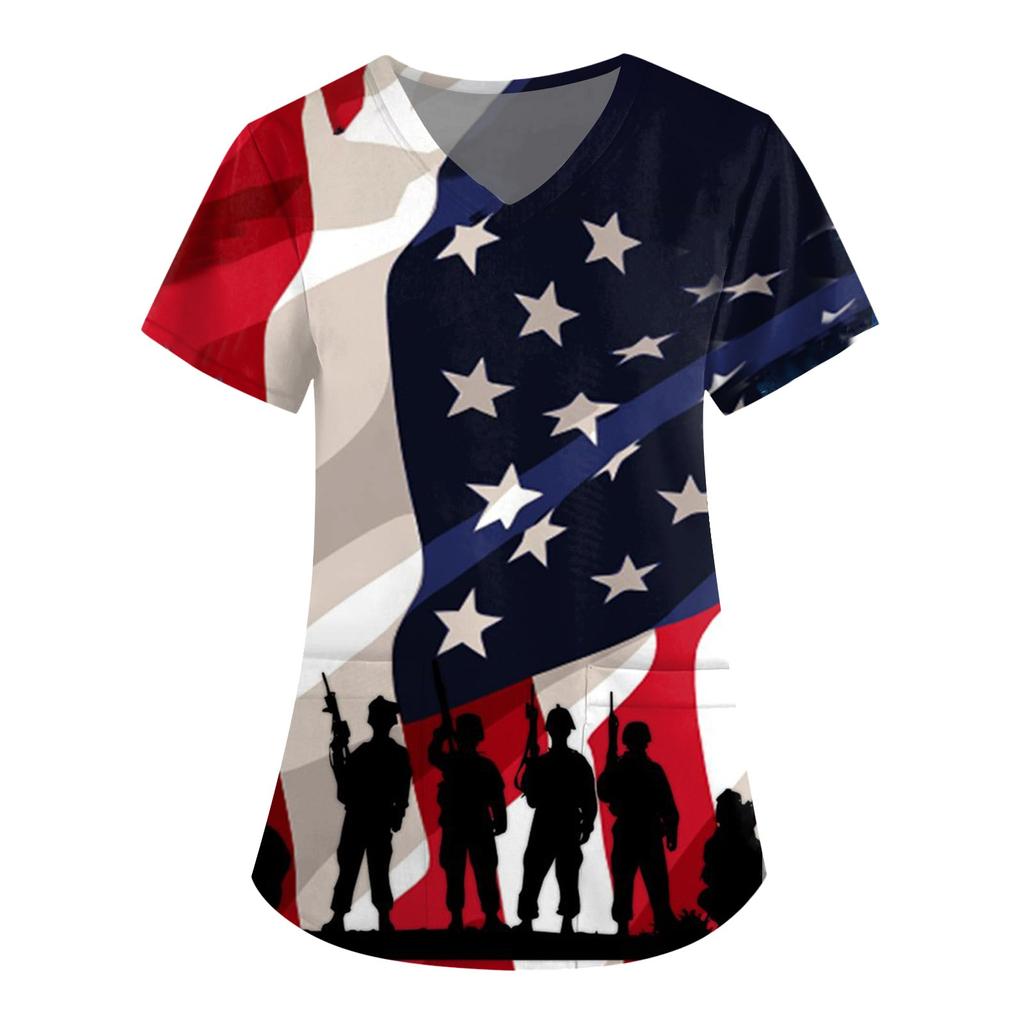 Women's Short Sleeve V-Neck Independence Day Printed Pocket Carer Top