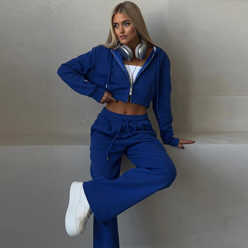 Women's Casual Solid Color Hoodie Pants Suit Zipper Short Hooded Sweatshirt Elastic Waist Sweatpants Two-piece Set