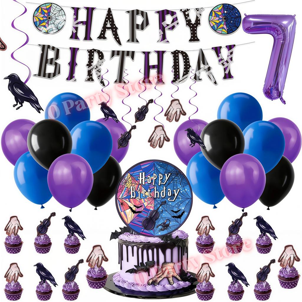Birthday Party Decorations Supplies Kit Balloons Cups Plates Backdrop Banner Addams Theme Birthday Cake Decor Kids Favor Gifts