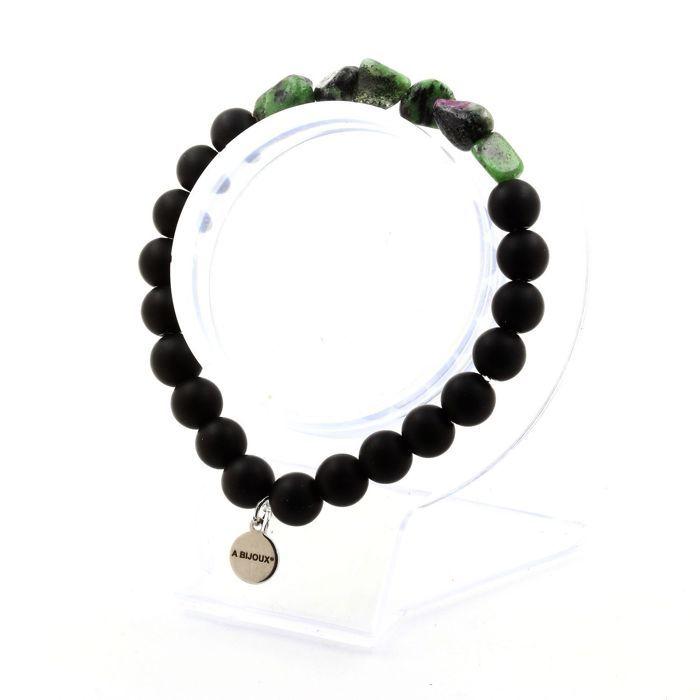 Stones and Minerals. Myanmar Epidote Bracelet (Burma) + 8 Mm Matte Black Onyx Beads. Made In France.