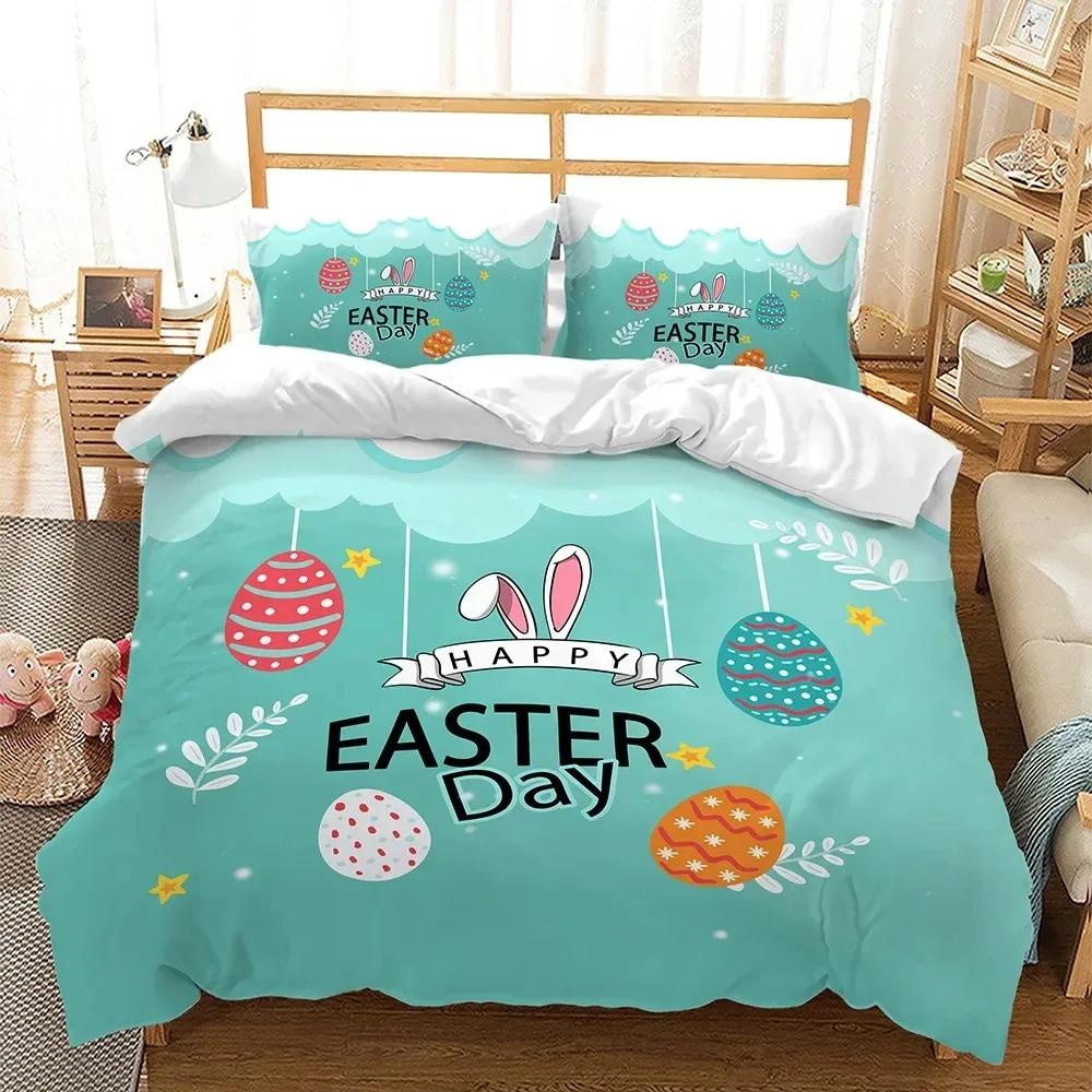 Easter Duvet Cover Set KingQueen Size Colorful Easter Eggs Nest Bunnies Theme Bedding Set Kids Boys Girls Polyester Quilt Cover