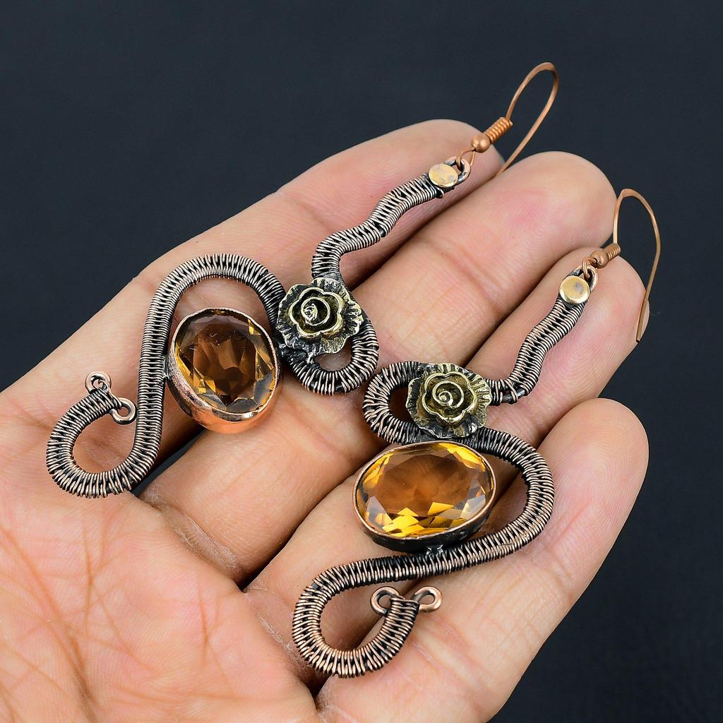 Серьги с цитрином, Ювелирные изделия из драгоценных камней, обернутые медной проволокой 999 пробы, Серьги ручной работы, На День благодарения