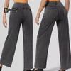 Women Jeans Elastic High Waist Slim Fit Slightly Flared Wide Leg Long Denim Pants with Pockets Solid Color Jeans