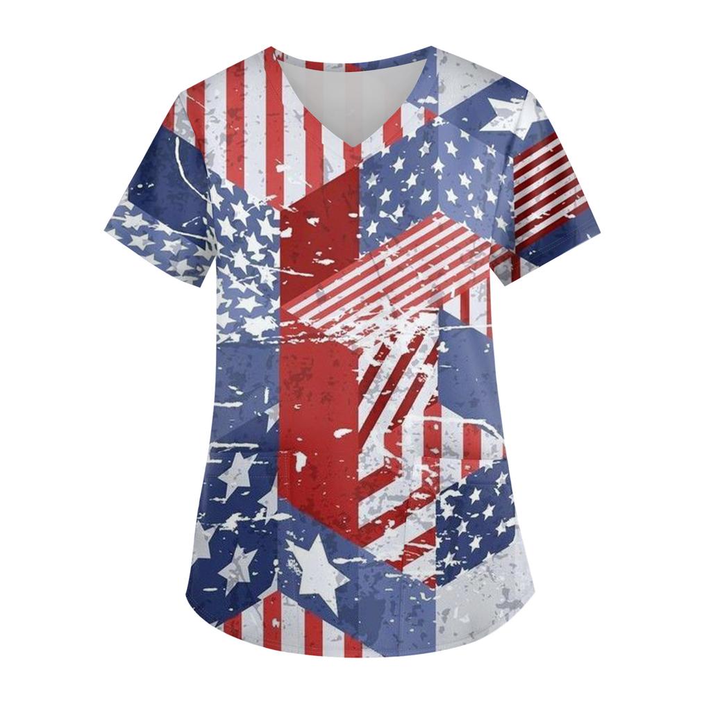 Женская модная футболка с принтом ко Дню Независимости, V-образным вырезом, карманом, короткими рукавами, униформа и топ для ухода
