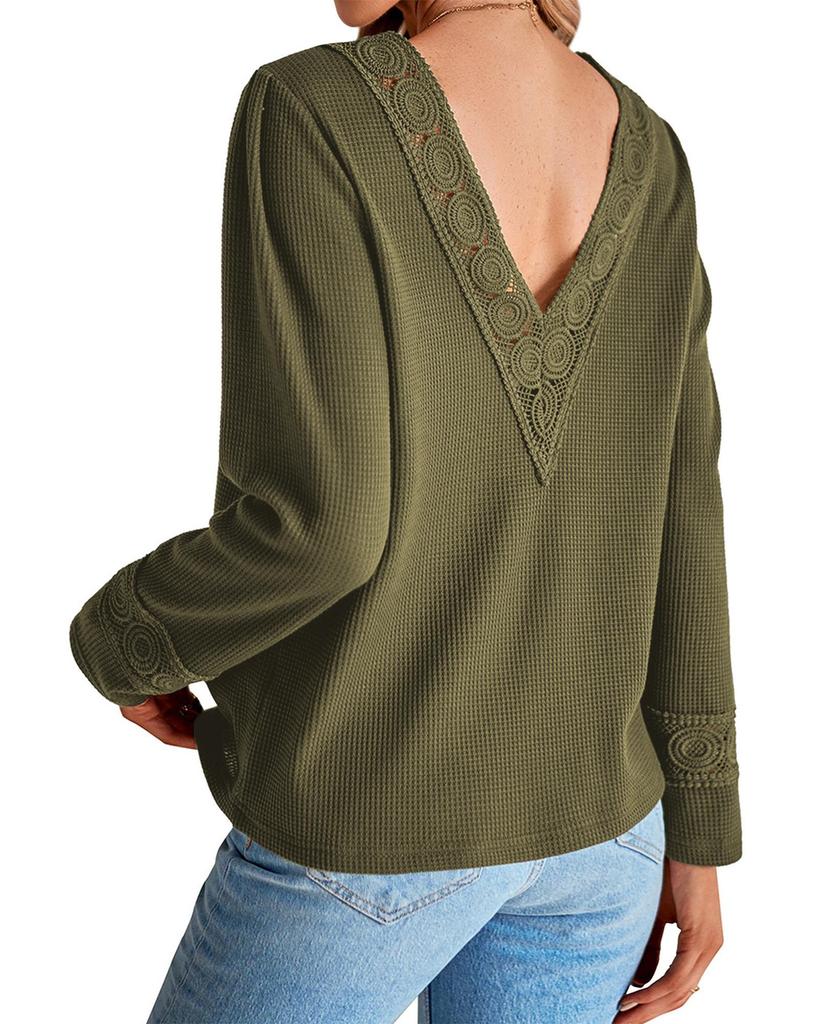 Azura Exchange Green Lace Patchwork V Neck Waffle Knit Top