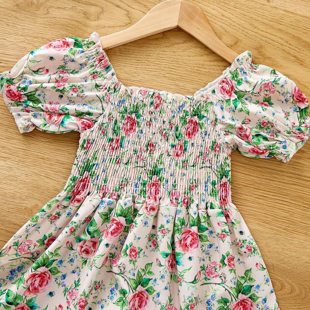 Hibobi Розовое платье принцессы с цветочным принтом для девочек в романтическом стиле отпуска с пышными рукавами и гофрированными рукавами на лето