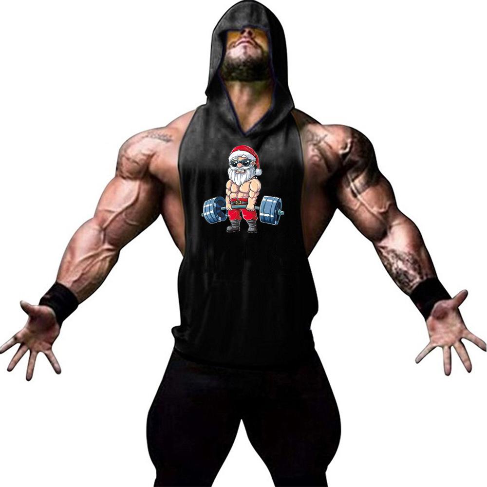 Men's fashion trend personalized gym fitness and leisure sleeveless Santa Claus print pattern hooded vest sports running vest