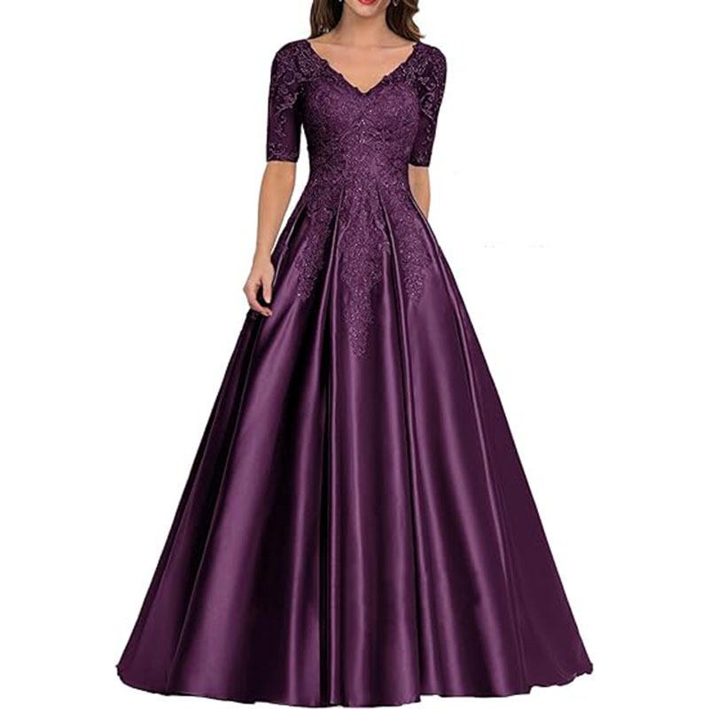 New evening dress lace V-neck short-sleeved long dress temperament party host new dress
