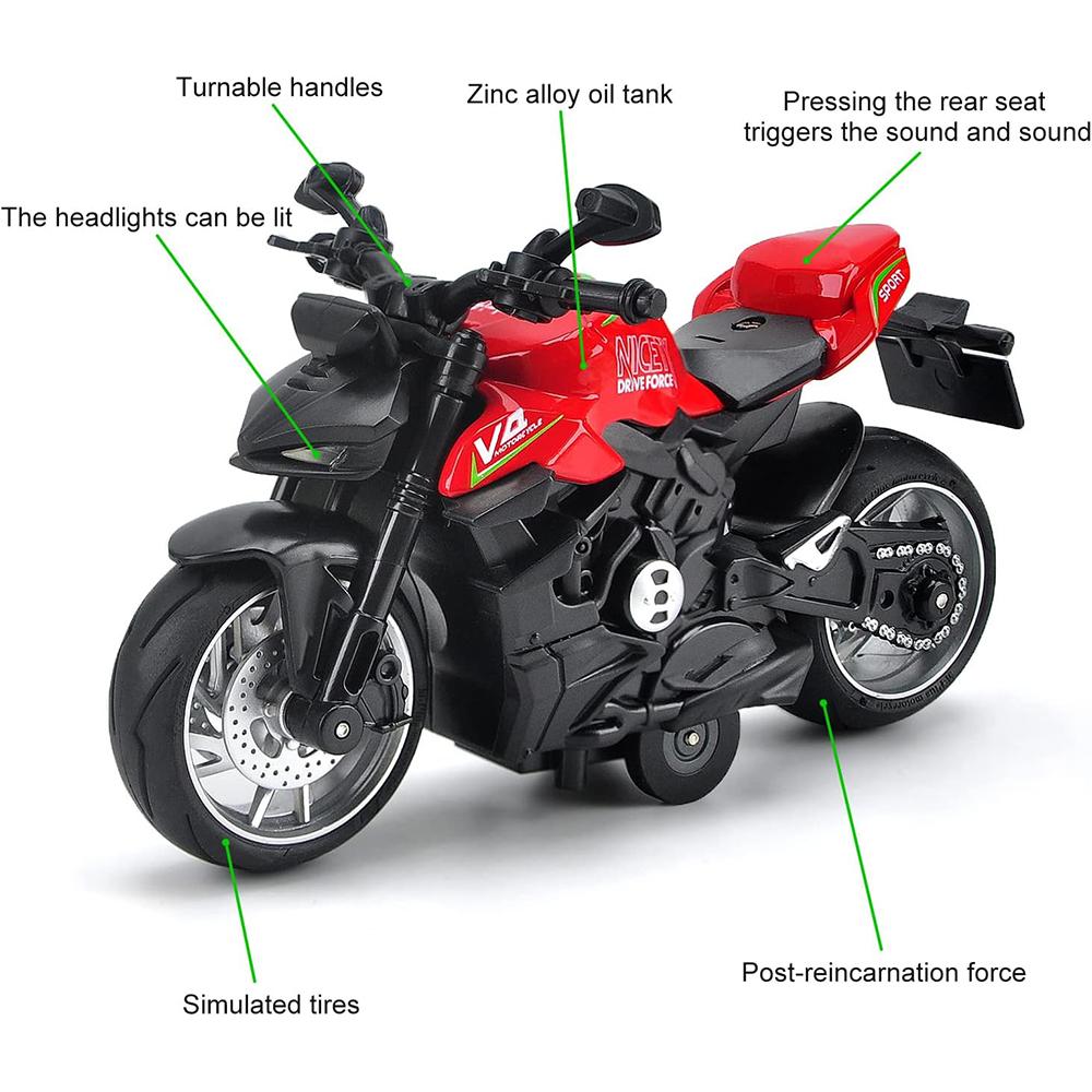 1/12 Scale V4 Pull Back Motorcycle Toys,Motorcycle Model with Light and Music,Toy Motorcycles for Kids Age 3+ Year Old Christmas Party Supplies