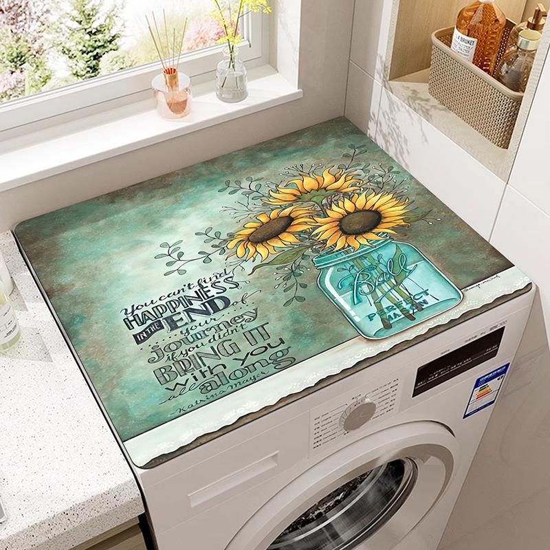 Vintage Checkered Printed Washing Machine Dust Cover Pad, Quick-Dry Absorbent Protective Top Mat For Washer And Dryer