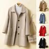 Women Jacket with Dual Pockets Lapel Solid Color Single-breasted Woolen Coat Loose Thermal Long