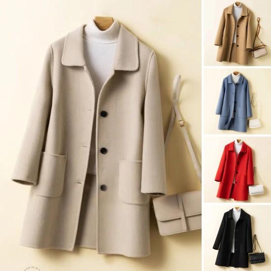 Women Jacket with Dual Pockets Lapel Solid Color Single-breasted Woolen Coat Loose Thermal Long