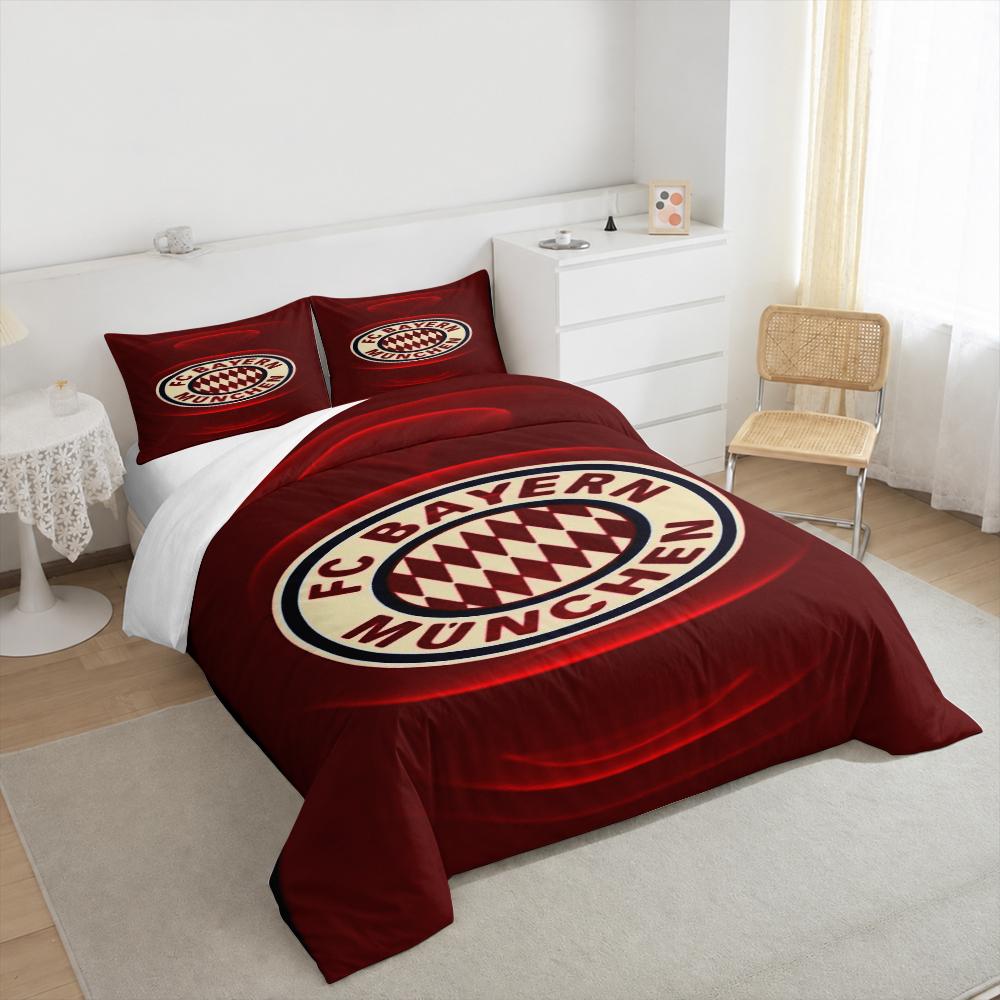 3 Piece Bedding Set with Duvet Cover and 2 Pillowcases - Bayern Munich FC Red Glow Ring Crest Print - Dark Crimson Soccer Decor for Football Fans
