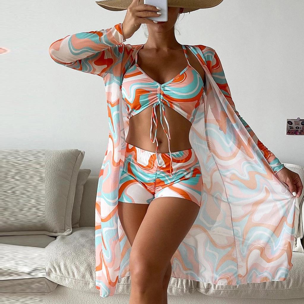 Swimsuit Women's Split Three Piece Set High Waist Long Sleeve Ins Overshirt Drawstring Printed Bikini Suits