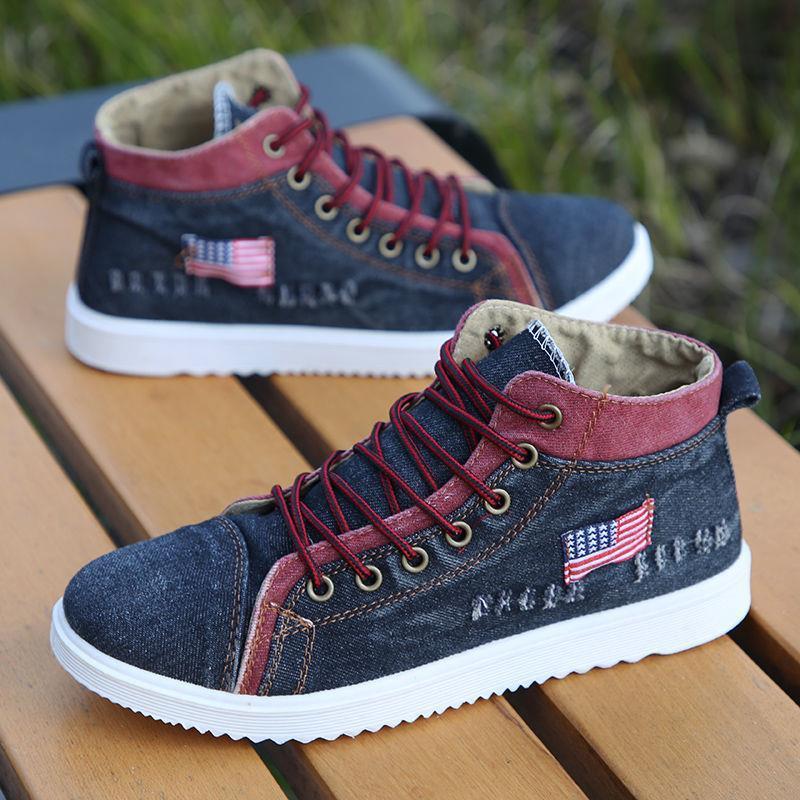 Мужская повседневная обувь в британском стиле, джинсовые кроссовки из парусины, высокие черные мужские ботильоны, обувь на плоской подошве, Chaussure Homme 2024