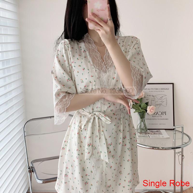 Ladies Pajama Set Summer Silk Kimono Robe Print Leopard Print 3 Piece Sleeping Set Camisole Shorts Lace Pajamas