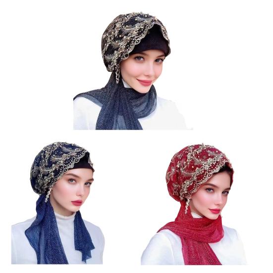 Lace Stretch Turban Hat for Women Pre-Tied Head Scarf Wrap Slip-on Chemo Hat Soft Skull Cap for Hair Loss
