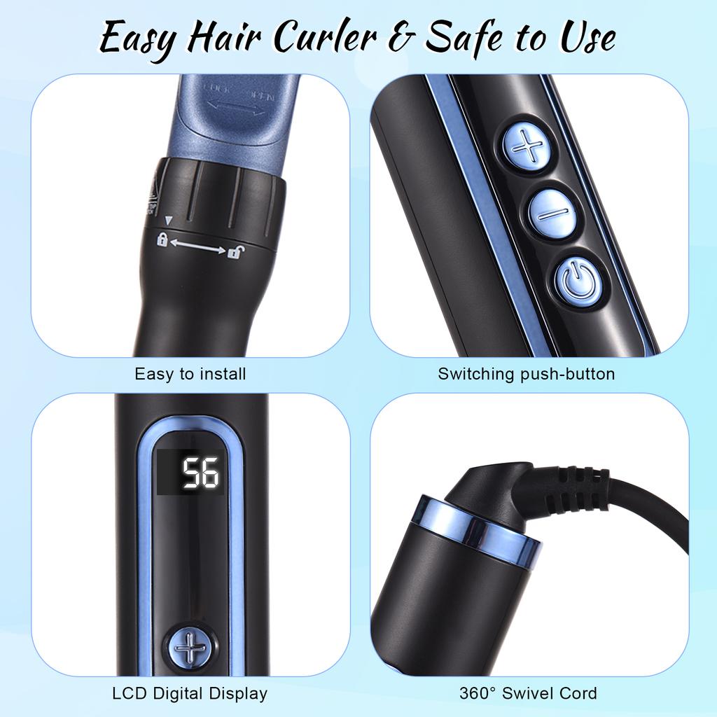 Pretfy 3-IN-1 Hair Curler Set Hair Curling Iron Wand Hair Waver Temperature Adjustable LCD Temp