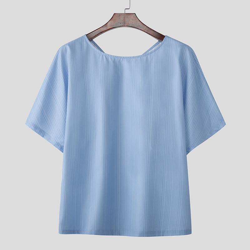 INCERUN Летние мужские футболки с коротким рукавом, полосатым узором на спине, бантом и оборками для вечеринок