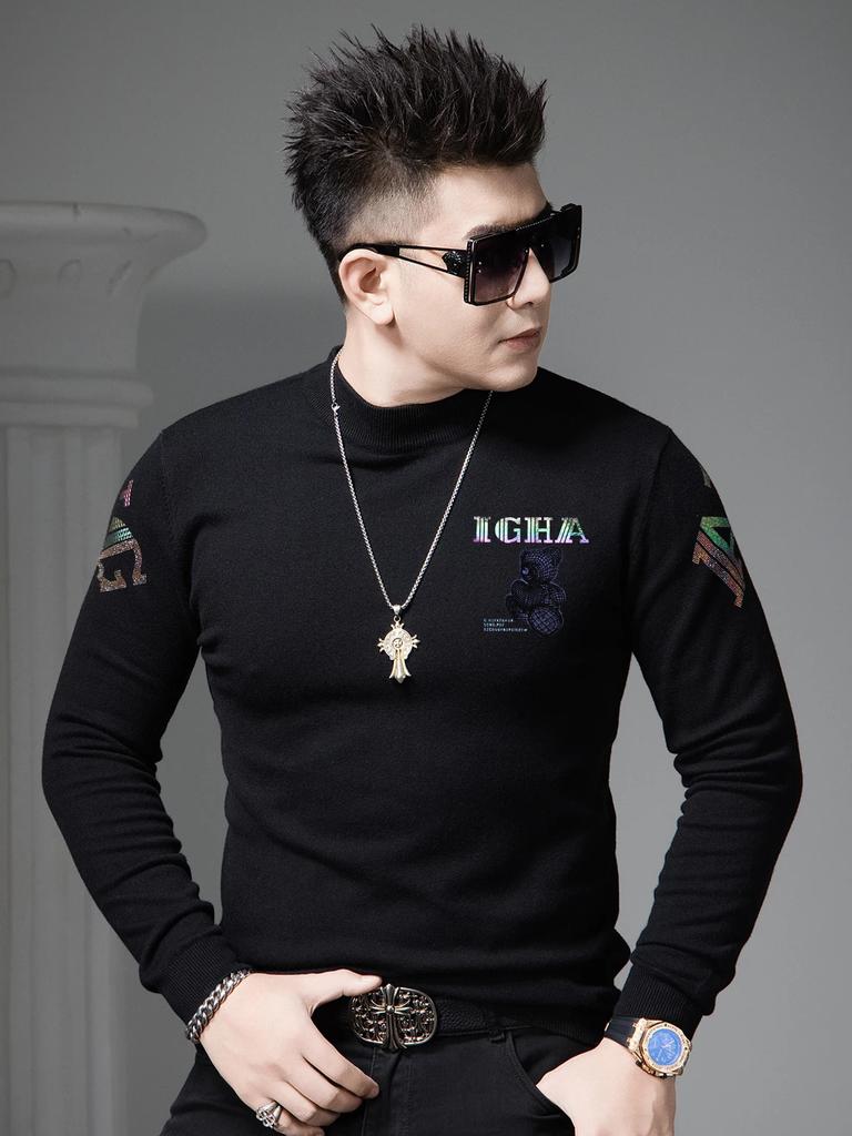 European-Style Spring and Autumn Half-Turtleneck Sweater for Men, 2026 New Trendy Brand Bear Print Men's Pullover Long-Sleeve Knitwear