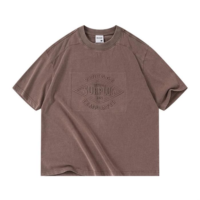 New Summer Men's Short-sleeved T-shirt Heavy Wash Water Concave and Embossed Print English Falling Shoulder T-shirt Short-sleeved