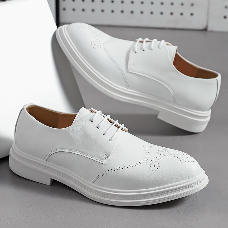 Fashion Classic Brand Men's White Business Dress Shoes Brogue Shoes Autumn Low Top Shoes Men's Genuine Leather Shoes Pointed