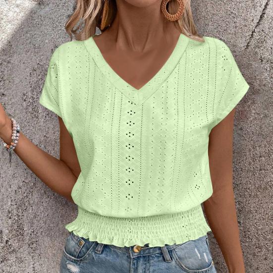 Women Tops V-Neck Short Sleeve Jacquard Decoration Pullover Tops Solid Color Loose Fit Elastic