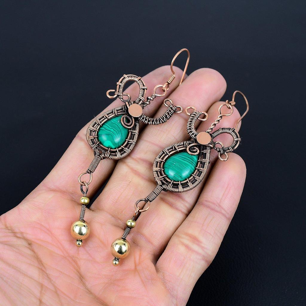 Серьги из малахита, украшения из меди 999 пробы с проволочной оплеткой, подарок для женщин, серьги ручной работы, украшения с драгоценными камнями