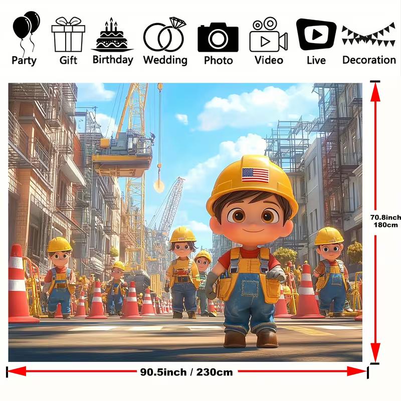 2D Cartoon Crane & Cone Backdrop for Little Builder Birthday Celebration