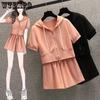 Женские костюмы, футболка большого размера с капюшоном, повседневная спортивная футболка с коротким рукавом, эластичные шорты, комплекты из двух предметов, весна-лето