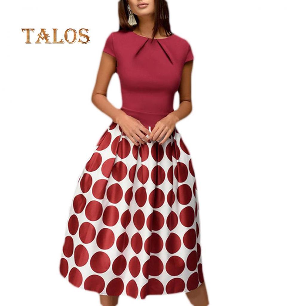 TALOS Женское свободное платье миди в горошек с короткими рукавами и круглым вырезом в стиле пэчворк