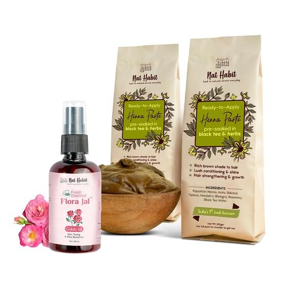 Nat Habit Ready-To-Apply Henna Paste & Flora Jal - Gulab Jal Toner for Pore Refining - The Ideal Combo for Hair Deep Conditioning (Combo Pack of 3)