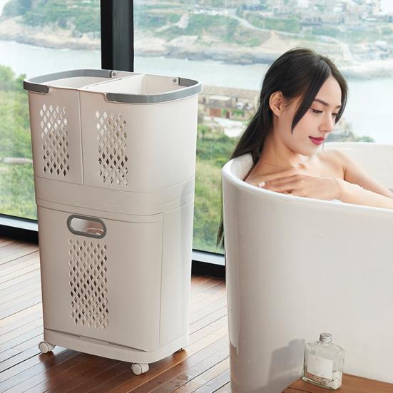 2-Tier Rolling Laundry Hamper Dirty Clothes Hamper Cart with 3 Detachable Baskets Wheeled Laundry Basket for Laundry Room Bathroom