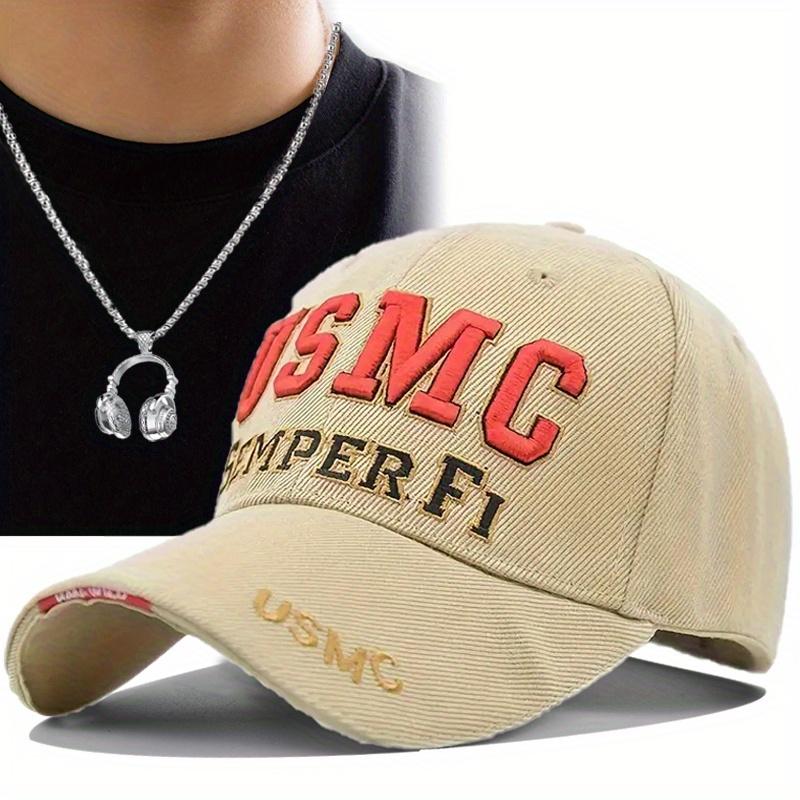 2Pcs Men's Baseball Cap Necklace Set Letter Embroidery Duck Tongue Cap Mesh Trucker Sun Shade Hat Mesh Cap Locket Necklace Couple Fashion Casual Hat