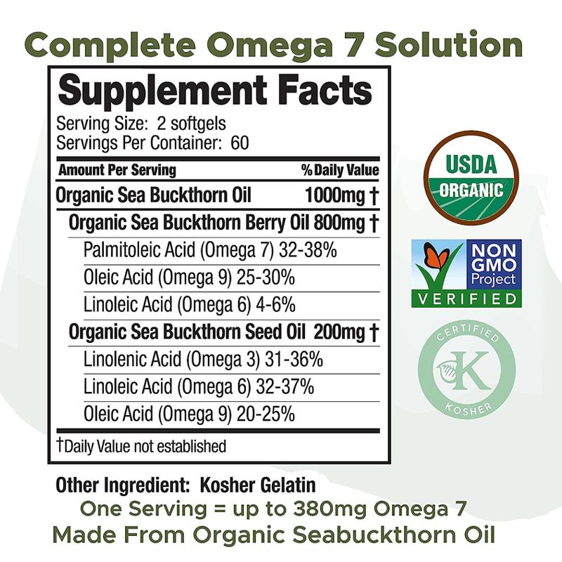 XEMENRY Organic Sea Buckthorn Seed Oil Capsules, beneficial for gut and heart health, 2000 mg per serving, suitable for adults.