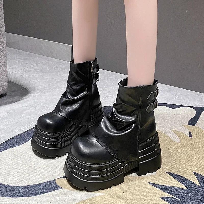Женские толстые мотоциклетные ботинки 10 см, осенние кожаные кроссовки со скрытым каблуком, зимние водонепроницаемые ботинки для снега, высокие ботильоны на платформе
