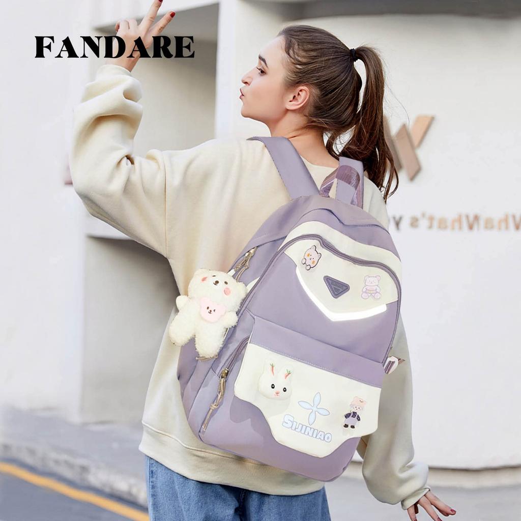 FANDARE School Large Cute Fits A4 Night Back Perfect for School Trips and Field Includes Bear Charm and Purple Women's Backpack, Capacity, Design,