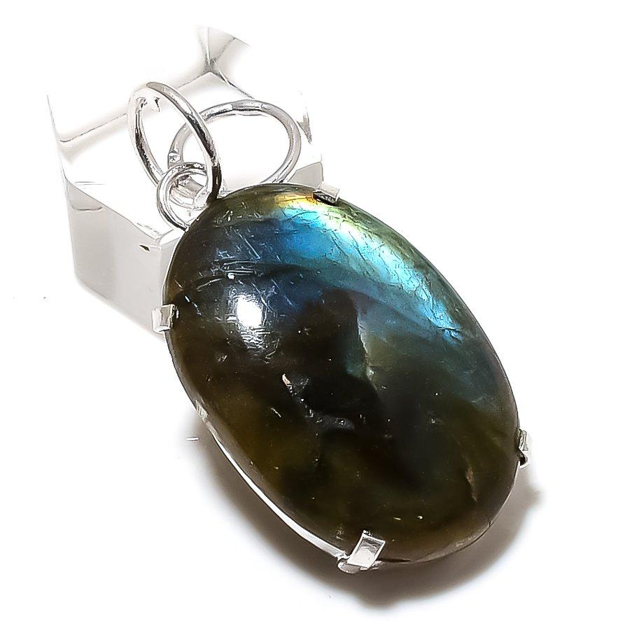 Natural Labradorite Gemstone Handmade 925 Sterling Silver Pendant 1.81" Q9v82