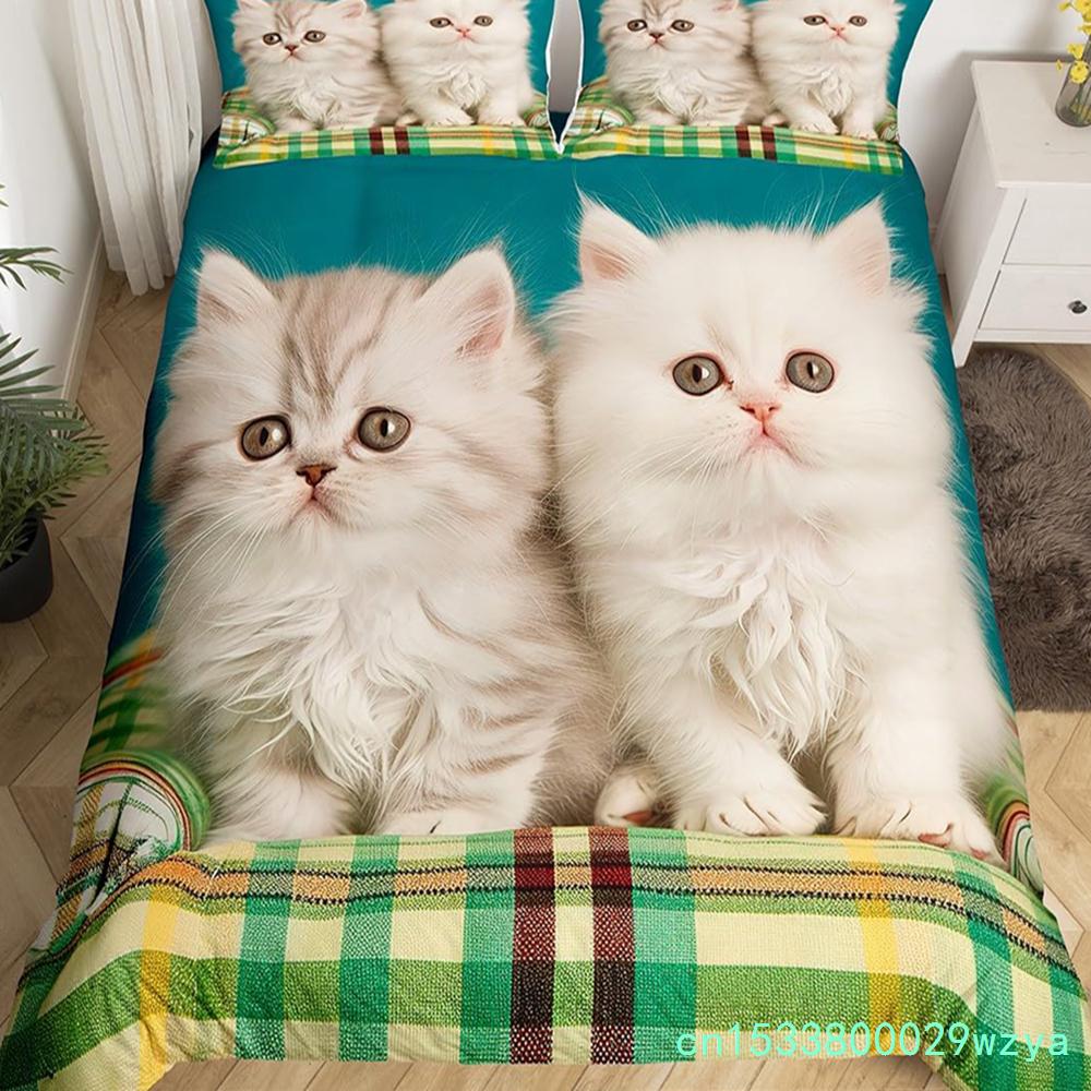 Кавайный кошачий пододеяльник Розовый бантик Котенок Постельный набор Сладкий домашний питомец Животное Покрывало Принцесса Бант Девичий Полиэстер Покрывало