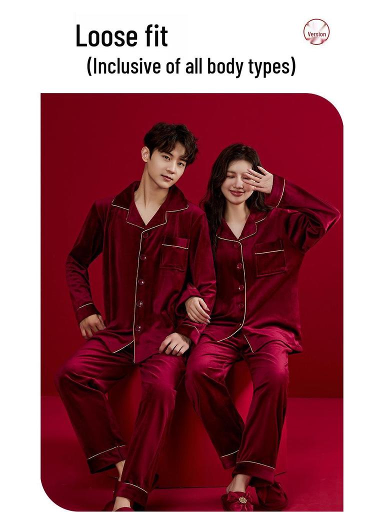 Fly Together 2-Piece Burgundy Island Fleece Pajamas for Couples - Wedding Festive, Extra Thick Winter Homewear.